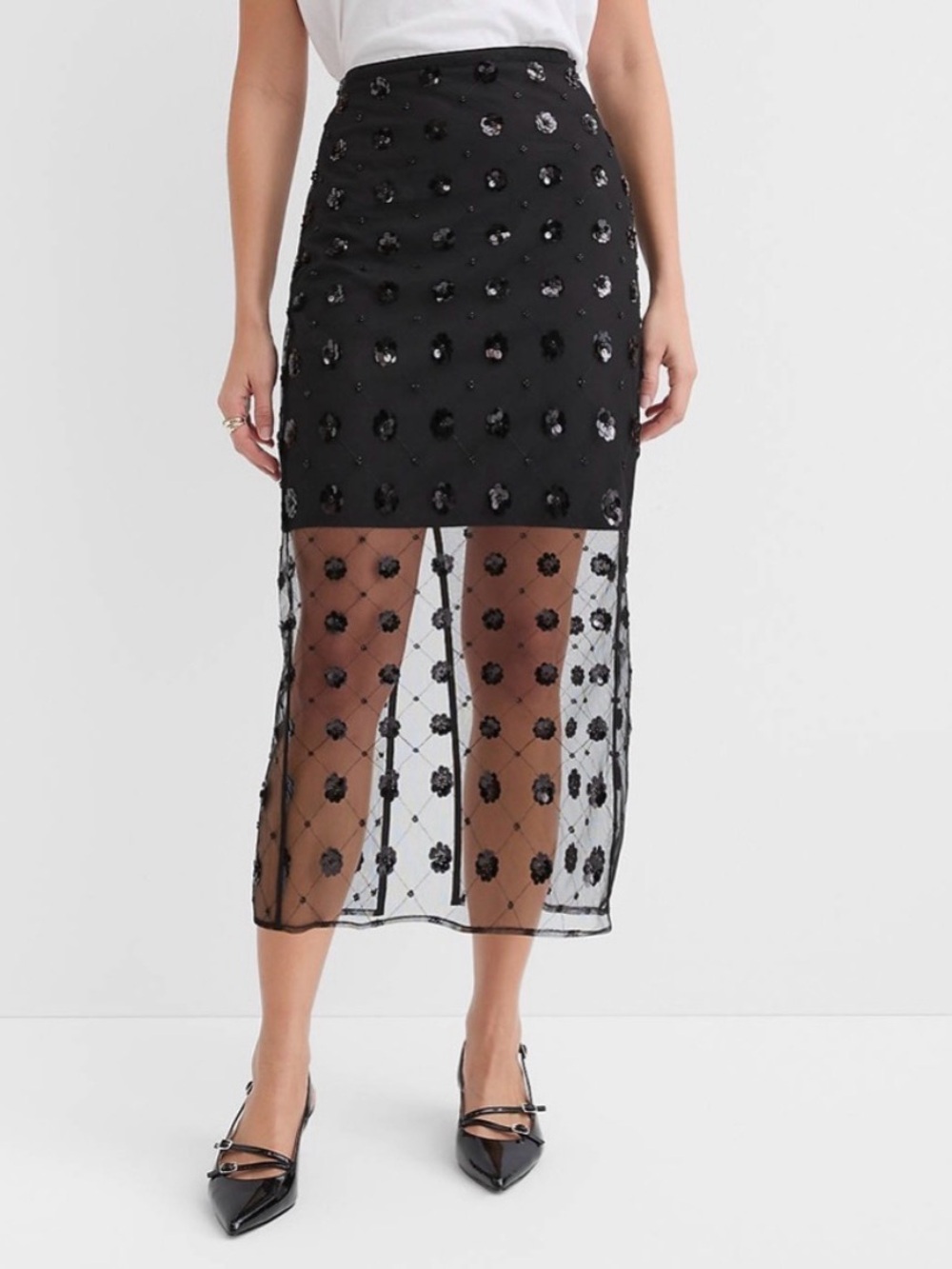 LOFT Black Sheer Midi Skirt with Floral Appliqués